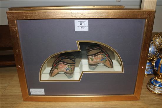 Two framed pairs of silk embroidered Chinese shoes